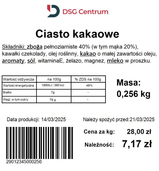 Przykładowa etykieta zestawu ważąco etykietującego DSG Centrum