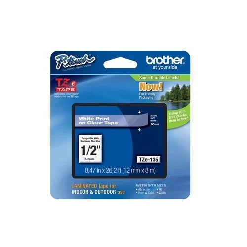 Taśma laminowana 12 mm TZE135 białe na przezroczystym do drukarek Brother