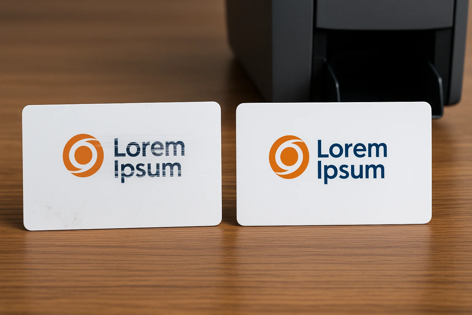 Porównanie kart plastikowych PVC – źle wydrukowana karta obok poprawnej karty z czytelnym nadrukiem