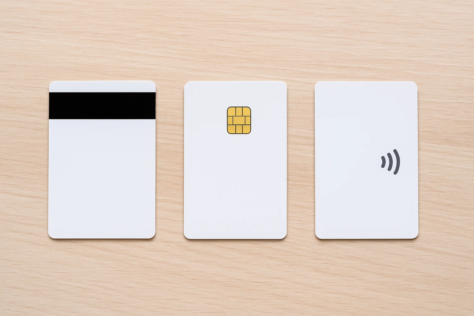 Trzy karty plastikowe PVC – z paskiem magnetycznym, chipem i symbolem RFID obok siebie na stole