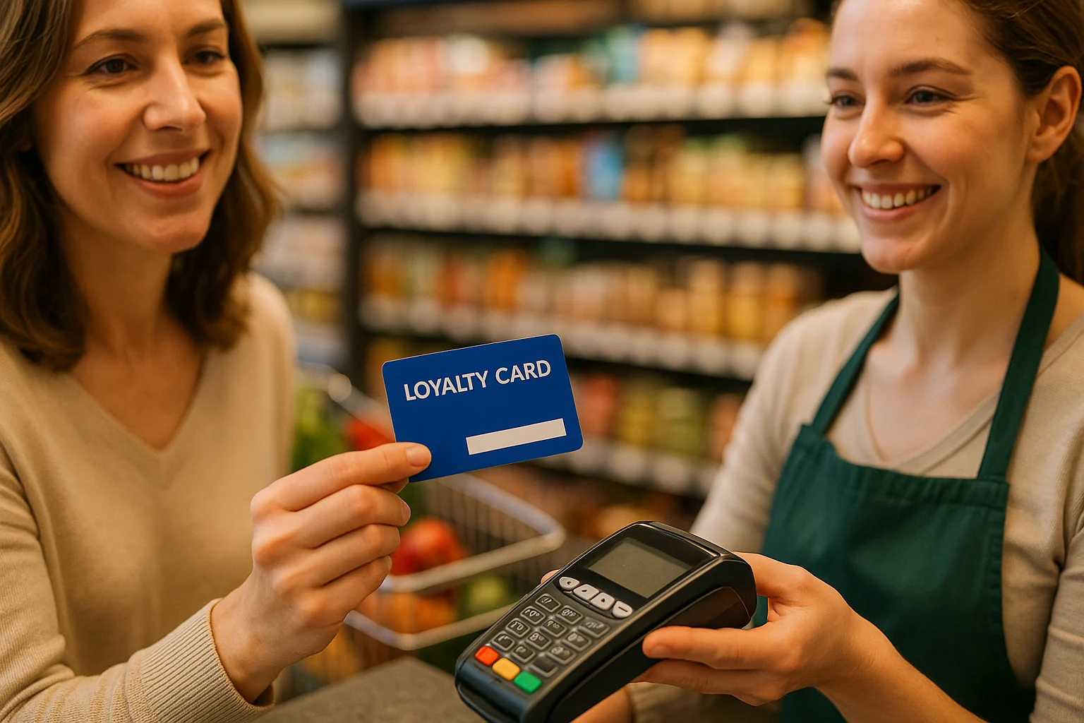 Klientka w sklepie wręcza sprzedawcy plastikową kartę lojalnościową przy kasie