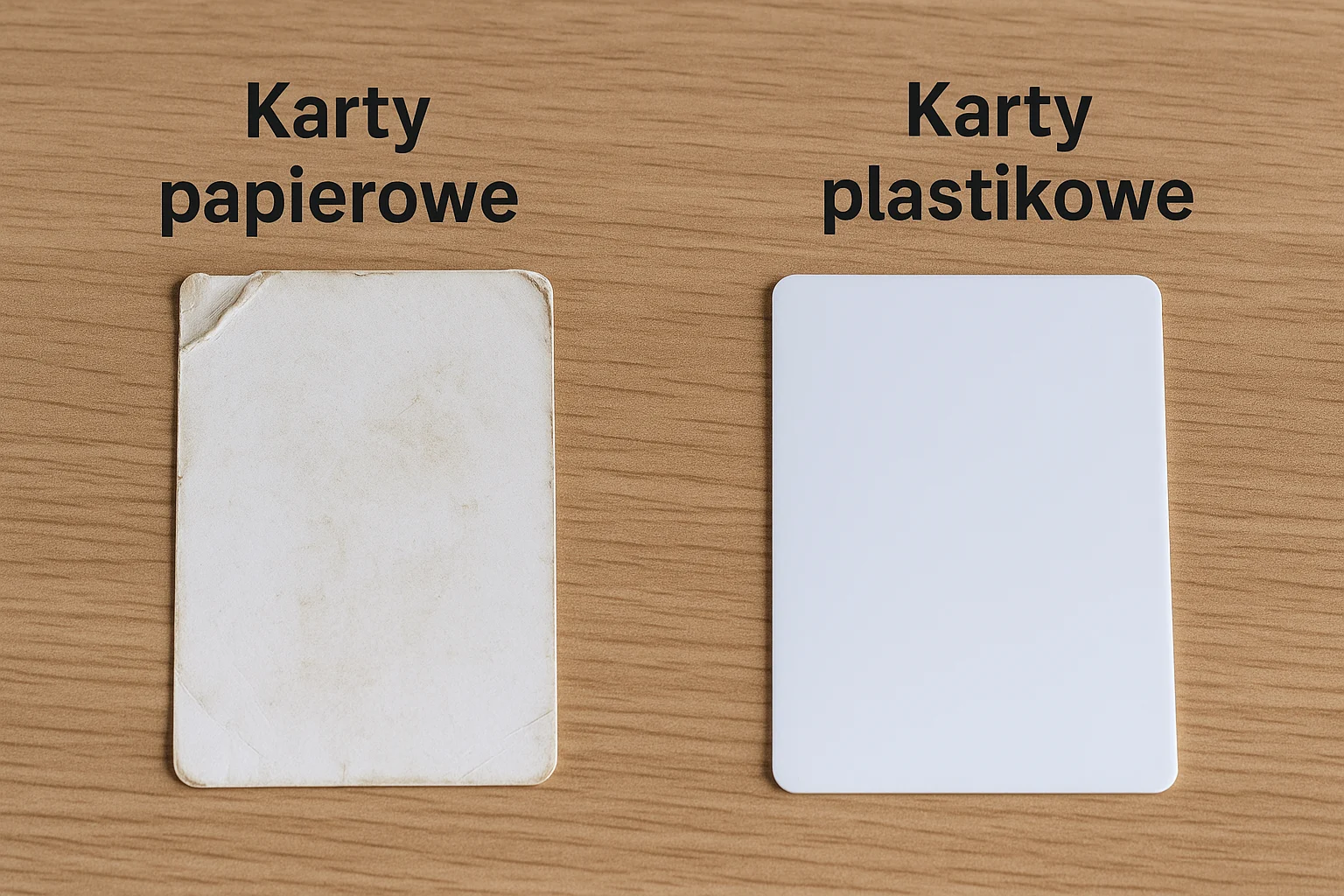 Porównanie karty papierowej i plastikowej PVC – zużyta karta papierowa obok nowej, trwałej karty plastikowej