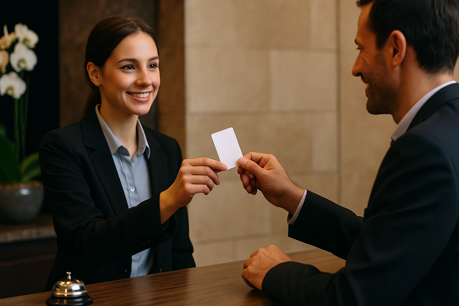 Recepcjonistka w hotelu wręcza gościowi kartę plastikową PVC jako klucz do pokoju