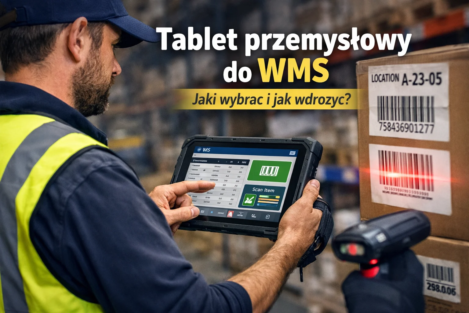 Tablet przemysłowy do WMS używany w magazynie do skanowania kodów kreskowych i zarządzania stanami magazynowymi