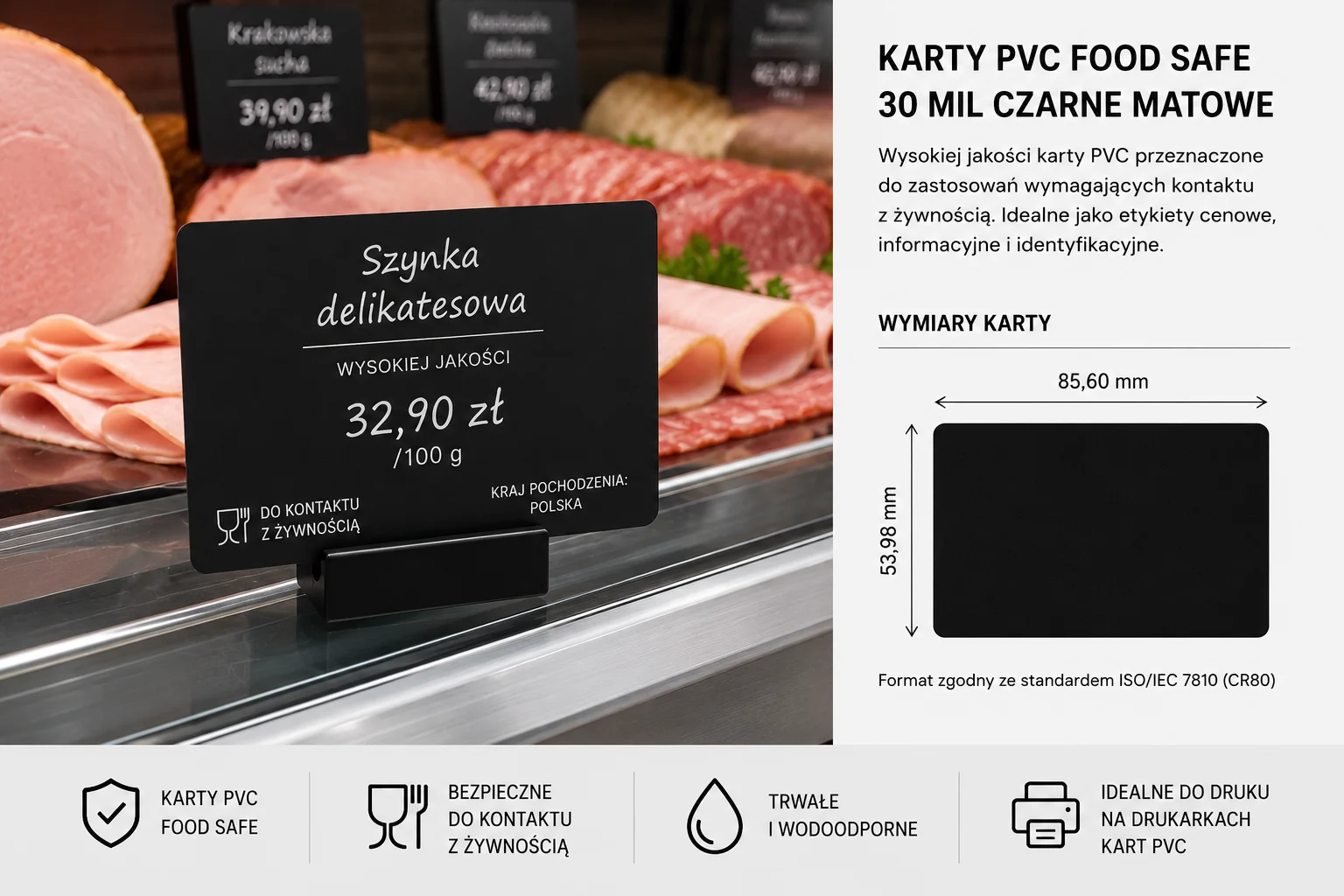Karta PVC Food Safe 30 mil czarna matowa zastosowana do oznaczania wędlin w ladzie chłodniczej.